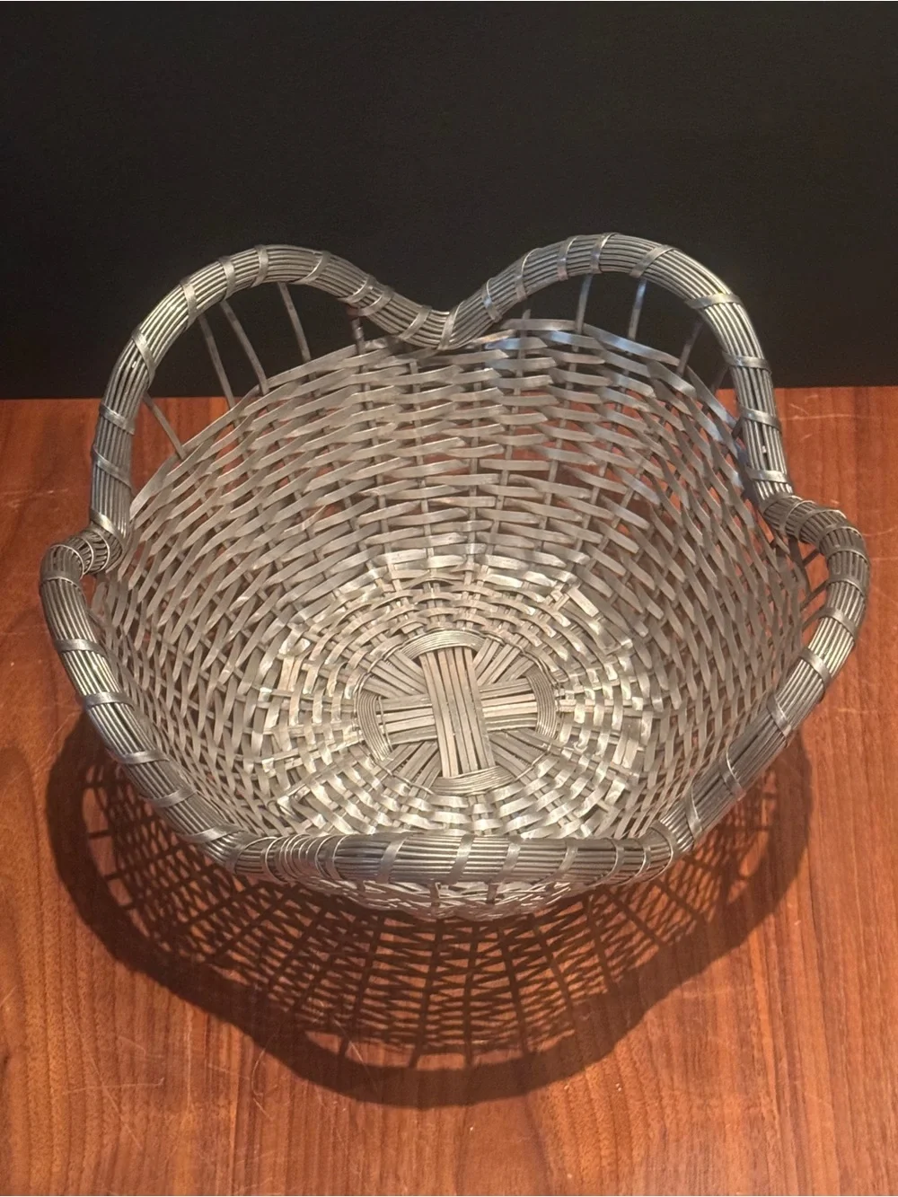 Vintage French Scalloped Silver Tone Woven Metal Basket Decorative Centerpiece